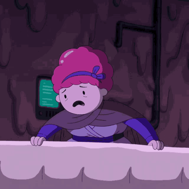 a cartoon character with pink hair and a purple scarf