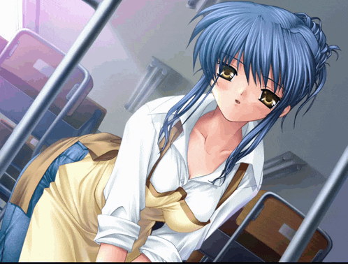 a girl with blue hair and a yellow apron stands in front of a row of chairs