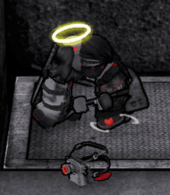 a cartoon character has a halo on his head and is holding a gun