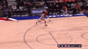 a basketball game is being played on a court with a stock advertisement in the background