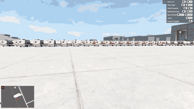 a screenshot of a video game shows a bunch of rvs parked in a row