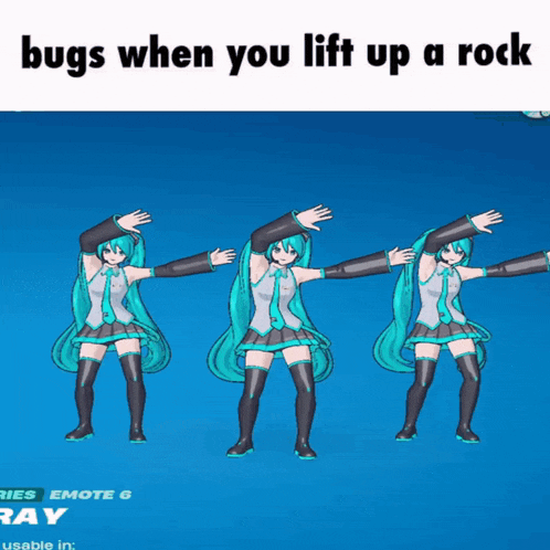 bugs when you lift up a rock meme with hatsune miku on a blue background