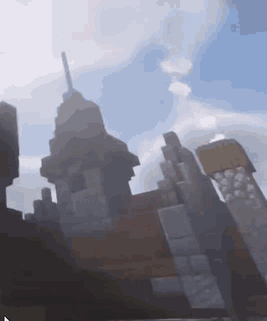 a castle in minecraft with a blue sky and clouds in the background