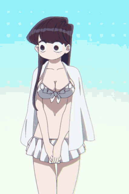 a cartoon girl in a bikini is taking off her shirt