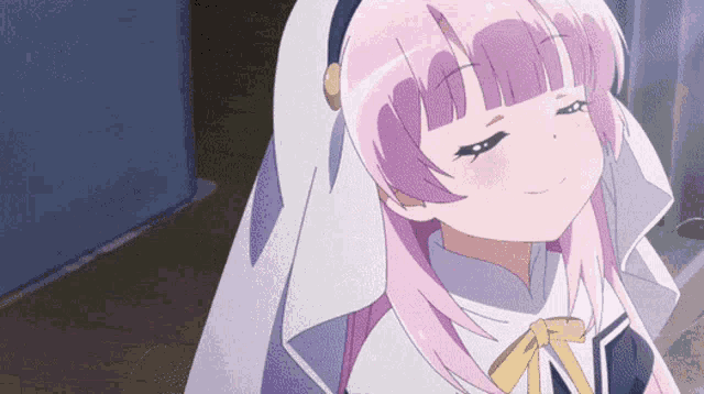 a girl with pink hair is wearing a veil and smiling