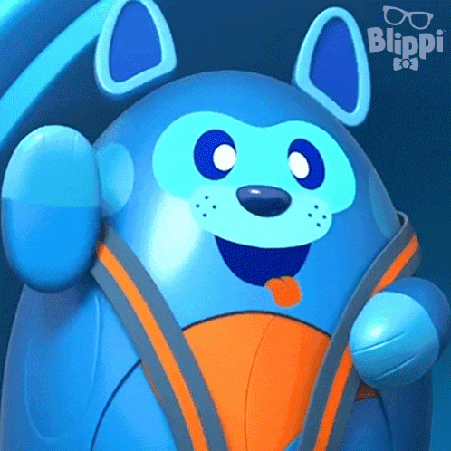 a blue and orange cartoon character with the name blippi on the bottom