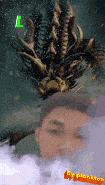 a picture of a man with a dragon in the background and the words by plankton
