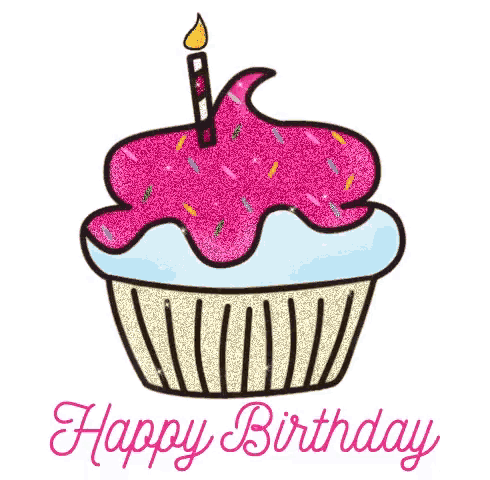 a cupcake with a candle on top of it and the words happy birthday written below it .