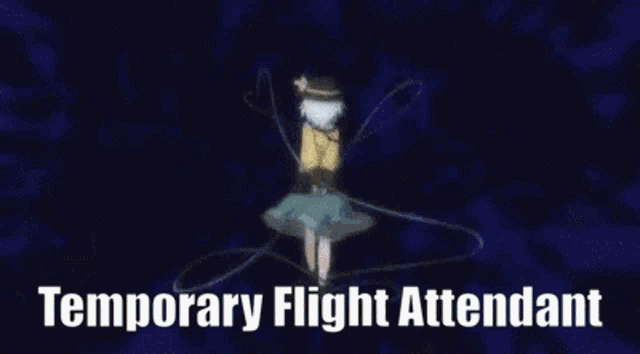 a temporary flight attendant is standing in a dark room with a purple background .