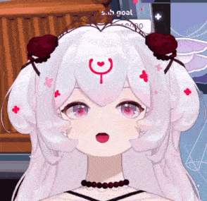 a girl with white hair has a crescent moon on her head and red flowers in her hair