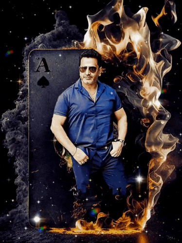 a man is standing in front of a playing card with the letter a on it