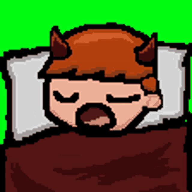a pixel art drawing of a man with horns sleeping in a bed