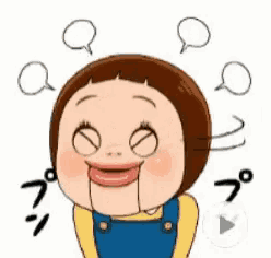 a cartoon girl with speech bubbles around her head is smiling .