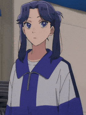 a girl with blue hair is wearing a blue and white outfit