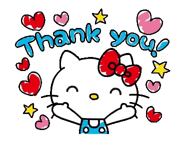 hello kitty is surrounded by hearts and stars and is saying thank you