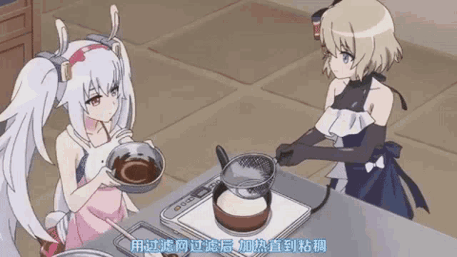 two anime girls are cooking in a kitchen and one of them is holding a bowl of food