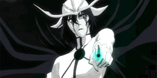 a bleach character is holding a gun in his hand and pointing it at the camera .
