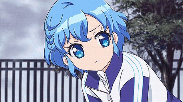 a girl with blue hair and blue eyes is wearing a blue jacket