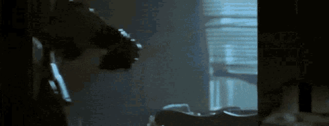 a blurry picture of a person in a dark room with a window in the background