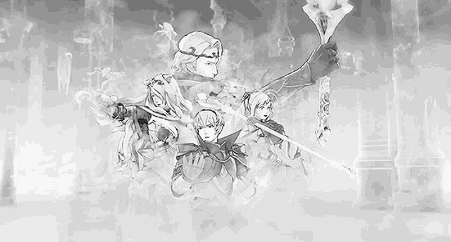 a black and white drawing of a group of people holding swords in a video game .
