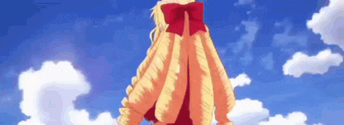a girl with long blonde hair and a red bow is standing in front of a blue sky .