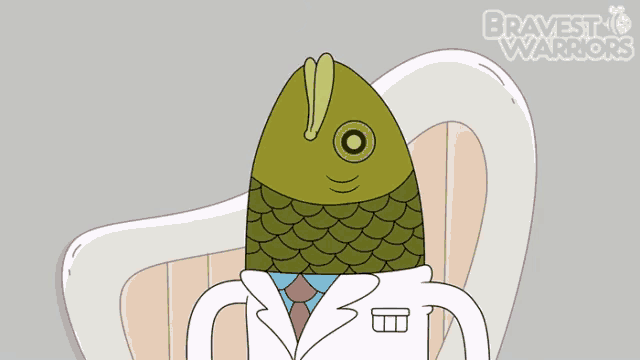 a cartoon of a fish wearing a lab coat and tie with bravest warriors written on the bottom