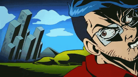 a cartoon drawing of a man with glasses and a blue haircut