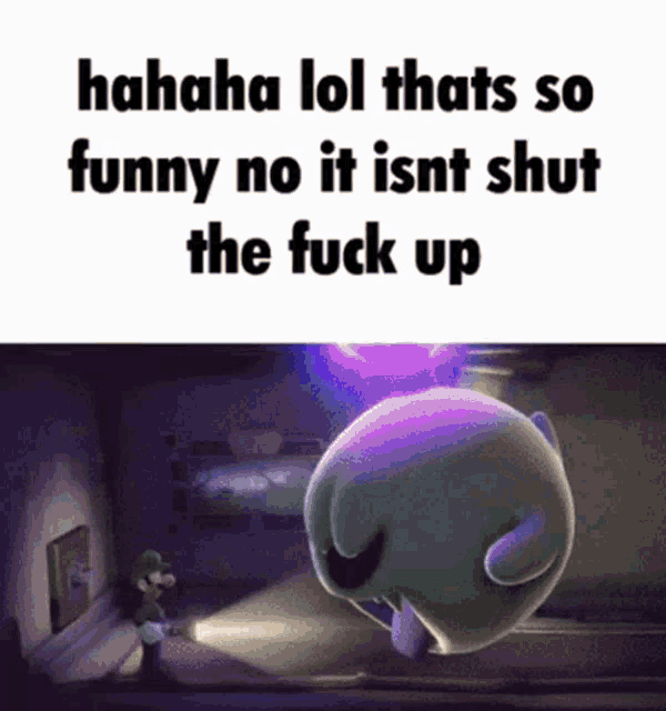 a picture of a cartoon character with the words " hahaha lol thats so funny no it isn t shut the fuck up "