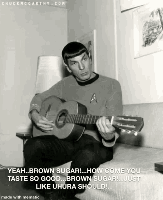 a black and white photo of a man playing a guitar with a caption that says " brown sugar "