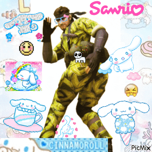 a man in a camouflage outfit is surrounded by cinnamon rolls and sanrio characters