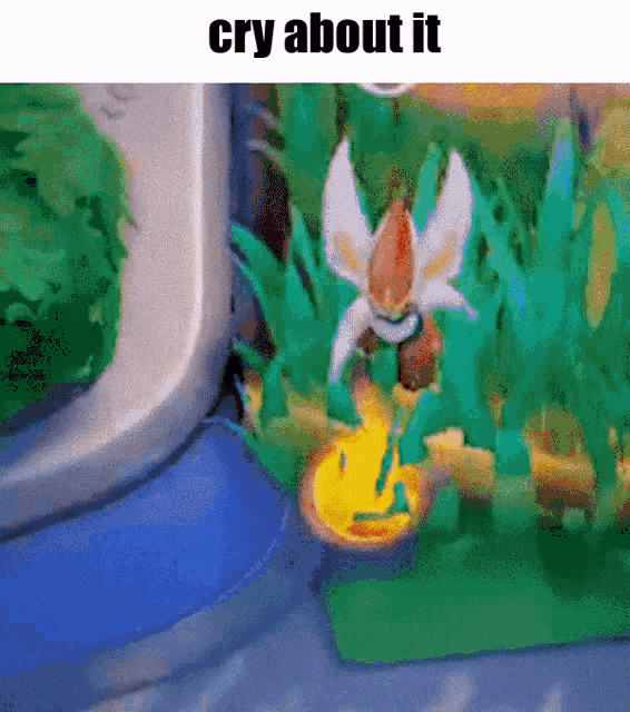 a cartoon character is standing in the grass with the words cry about it above it