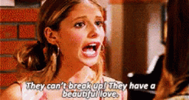 a woman with her mouth open says they can 't break up they have a beautiful love .
