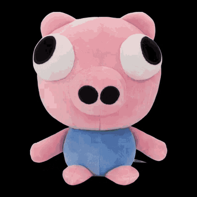 a stuffed pink pig with big eyes and a blue belly