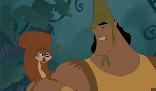 a cartoon of a man holding a squirrel next to a woman with a purple hat