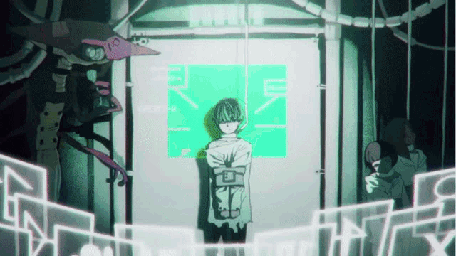 a cartoon drawing of a man hanging from a rope in front of a screen that says ' nn '