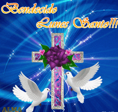 a picture of a cross with a purple rose and two white doves