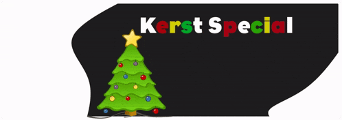 a sign that says kerst special with a christmas tree in the background