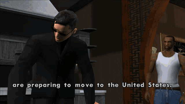 a man in a black suit is preparing to move to the united states in a video game