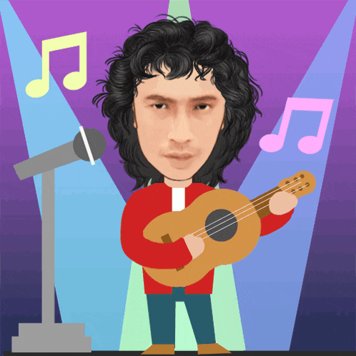 a cartoon drawing of a man playing a guitar