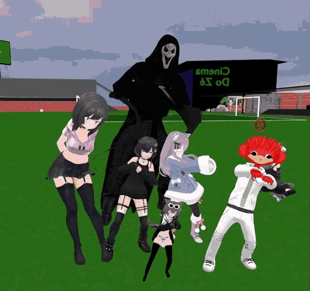 a group of anime characters are posing for a picture in front of a sign that says emenic