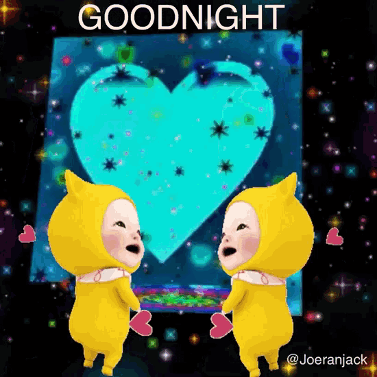two yellow cartoon characters are dancing in front of a heart with the words goodnight written above them