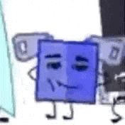 a blue square with a face and arms and legs is standing next to another blue square with a face .