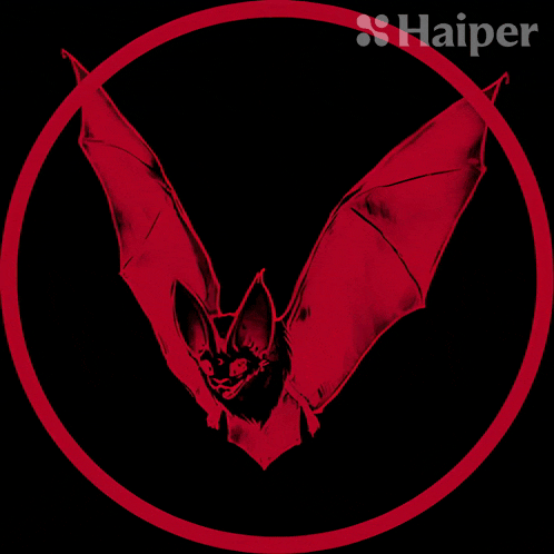 a bat is hanging upside down in a red circle with haiper in the corner
