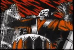 a black and white drawing of a man playing drums with a red background