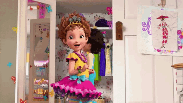 a cartoon character is standing in a closet wearing a crown and a necklace .