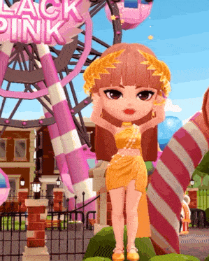 a girl stands in front of a ferris wheel that says black pink