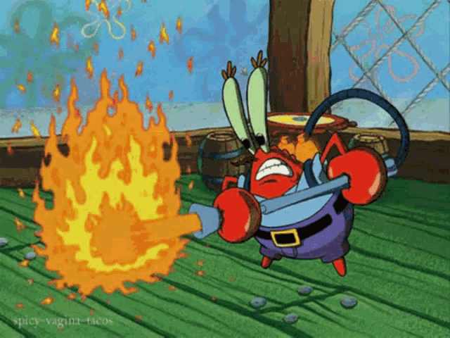a cartoon character from spongebob squarepants is holding a fire extinguisher in his hand