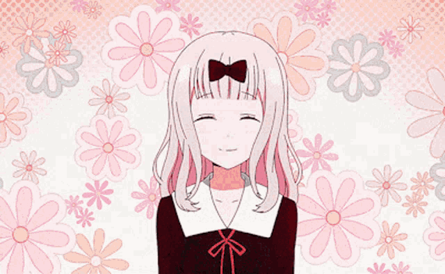 a girl with pink hair and blue eyes is standing in front of flowers