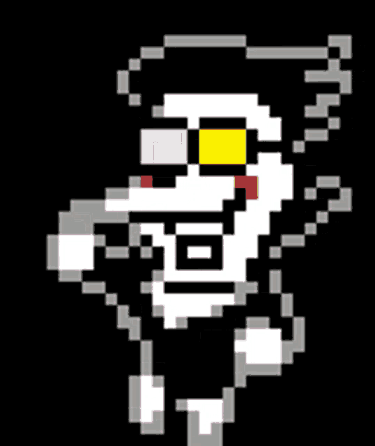 a pixel art drawing of a cartoon character with glasses and a pink nose on a black background .
