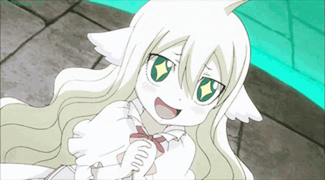 a cartoon girl with a white furry tail and green eyes